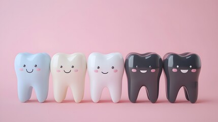 Fototapeta premium Cute teeth showing different stages of decay on pink background