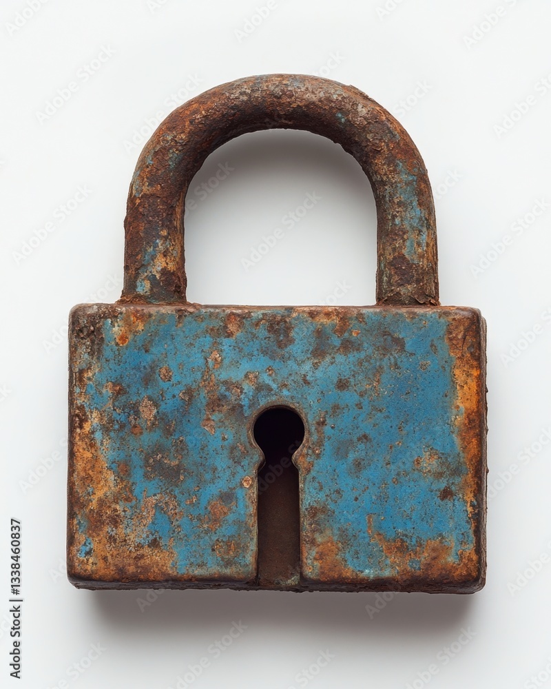 Poster close up of a weathered padlock with blue paint and rust on a white background studio shot security