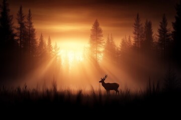 Fototapeta premium Majestic deer standing in misty forest at sunrise with golden light filtering through trees