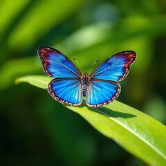 Naklejka premium Blue Butterfly on Green Leaf