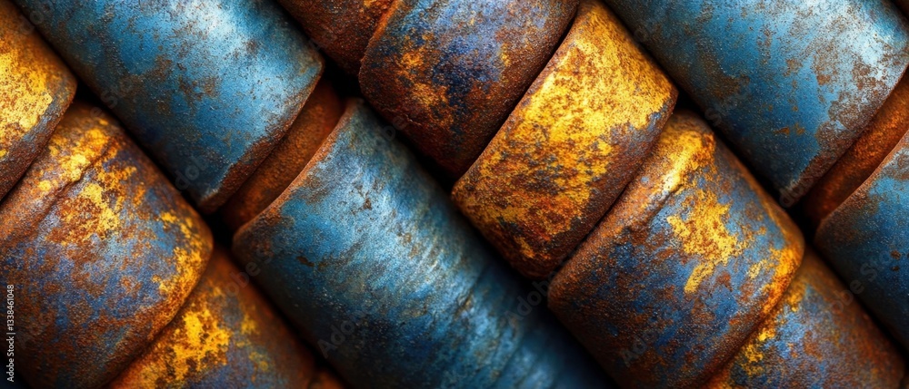 Poster abstract rusty metal tubes in blue and gold creating a woven pattern with industrial and weathered t