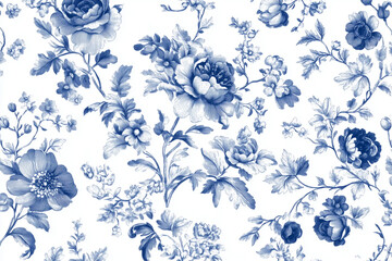 Toile De Jouy vintage blue floral pattern on white background