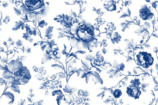 Toile De Jouy vintage blue floral pattern on white background