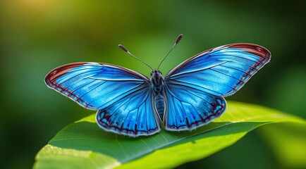 Blue Butterfly on Green Leaf