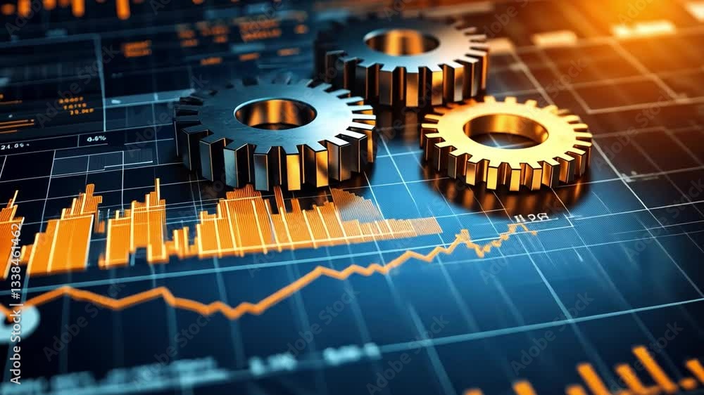 Poster exploring gears and technology analyzing data and graphs in digital finance industry for innovative 