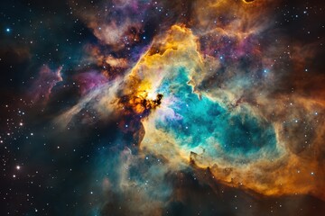 Fototapeta premium Stunning cosmic nebula reveals vibrant colors and dense star formation in the universe