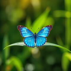 Fototapeta premium Blue Butterfly on Green Leaf
