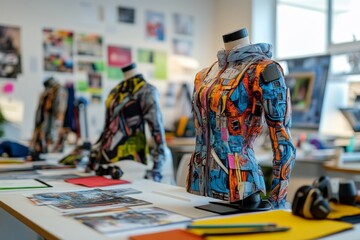 Colorful fashion designs displayed on mannequins in a creative workspace during daytime