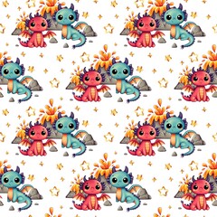 Fototapeta premium Children's seamless pattern. Cute dragons, blue and red. Erupting volcanoes and golden stars.
