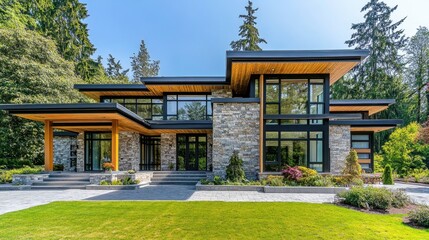 Fototapeta premium A high-end modern villa with a flat roof, showcasing a sophisticated stone and wood facade.