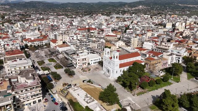 Aerial view of an Agios Nicholas church at the main square of Pyrgos, Elis, peloponnese Greece