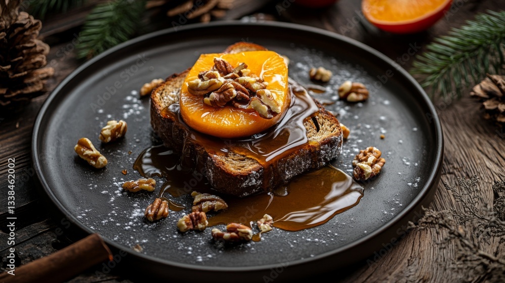 Poster A rustic setting featuring a slice of honey toast topped with caramel sauce and chopped nuts, with a side of fresh fruit for a well-rounded dessert.