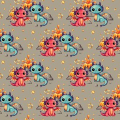 Children's seamless pattern. Cute dragons, blue and red. Erupting volcanoes and golden stars on a brown background.