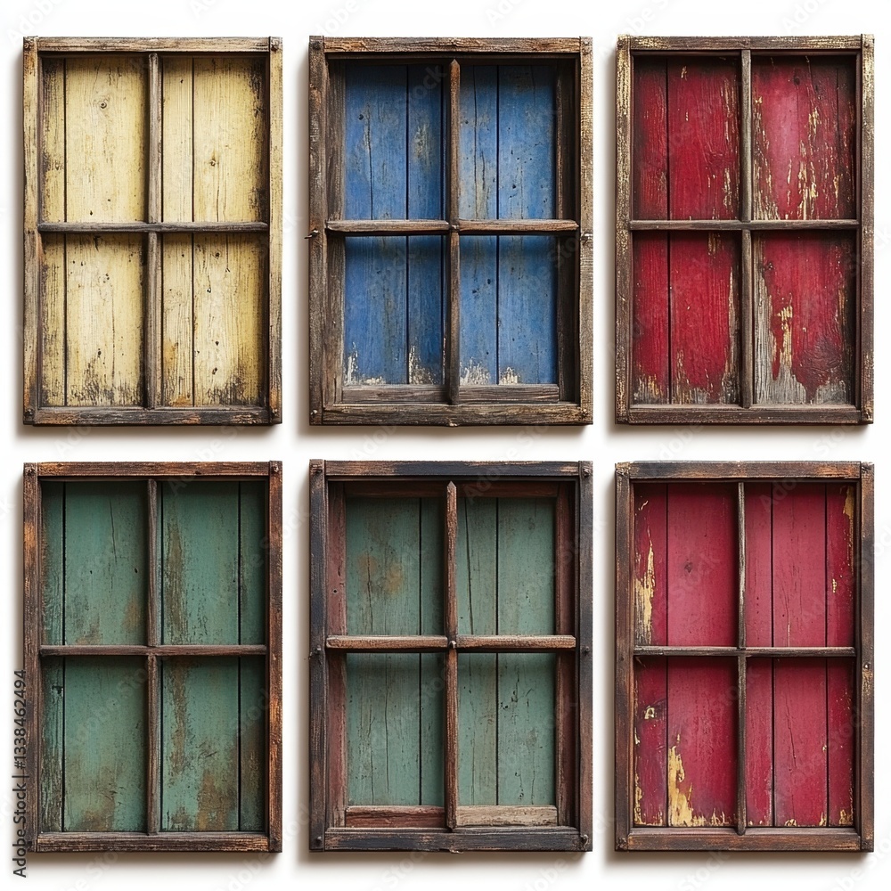 Poster rustic window frames with weathered paint in vibrant colors arranged on white backdrop capturing vin