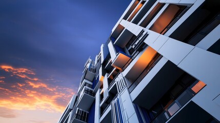 Naklejka premium Modern Cityscape Blue White Building at Sunset