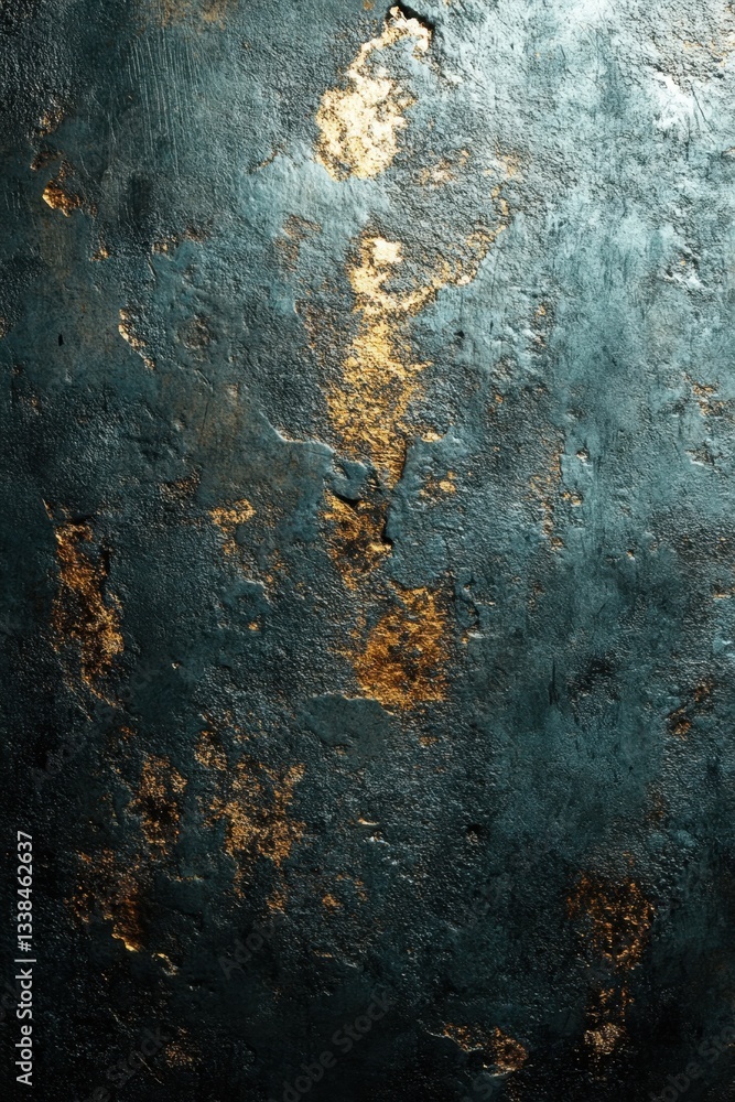 Poster dramatic dark teal and gold textured background with a grunge effect creating a luxurious and artist