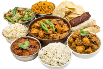 A vibrant spread of traditional dishes featuring rice, curries, and breads