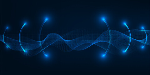 Vector illustration of futuristic blue digital high technology with circle hud and wireframe waveform for game and advertising artwork.Future tech design concepts.