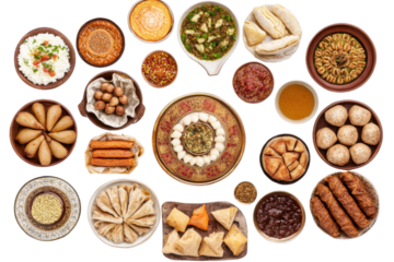 A vibrant spread of traditional Middle Eastern dishes arranged beautifully