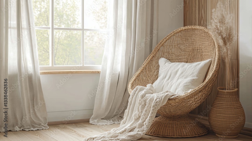 Poster serene interior scene featuring a wicker chair with a pillow and blanket near a bright window creati