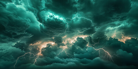 巨大な稲妻が雲間から閃く、緑色の雷雲と背景。