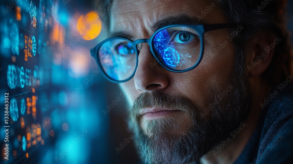 Aufkleber A person analyzes complex quantum computing data displayed on a screen, reflecting concepts of qubits, superposition, and entanglement in their glasses.