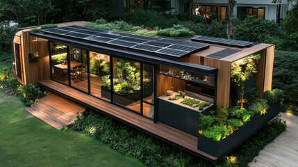 Obraz premium A high-tech eco-friendly glass house with solar panels and an innovative sustainable design.