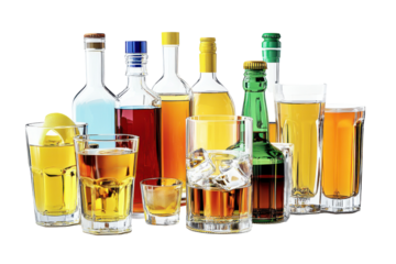 Assorted alcoholic beverages arranged on a table with ice