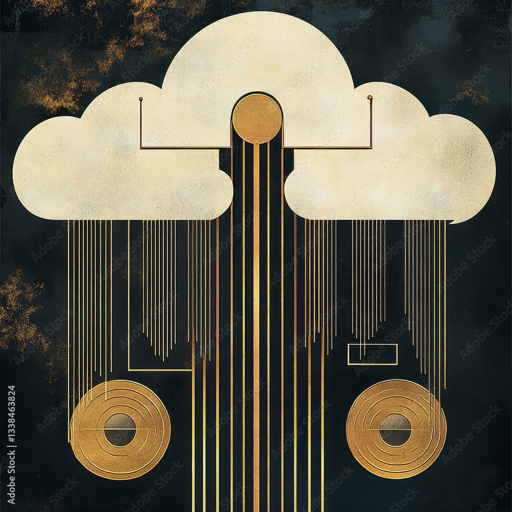 Aufkleber abstract cloud computing illustration with gold data streams and storage elements.