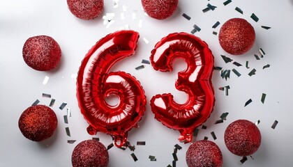 Red balloon number 63 for sixty-third birthday or anniversary party. White background with confetti