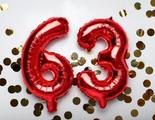 Red balloon number 63 for sixty-third birthday or anniversary party. White background with confetti