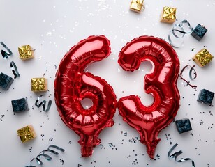 Red balloon number 63 for sixty-third birthday or anniversary party. White background with confetti