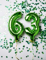 Green balloon number 63 for sixty-third birthday or anniversary party. White background with confetti