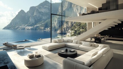 A large modern villa with floor-to-ceiling glass panels, capturing natural light and stunning outdoor scenery.