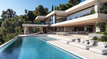 Fototapeta premium A lavish modern estate with a grand swimming pool, elegant stone finishes, and a sophisticated outdoor area.