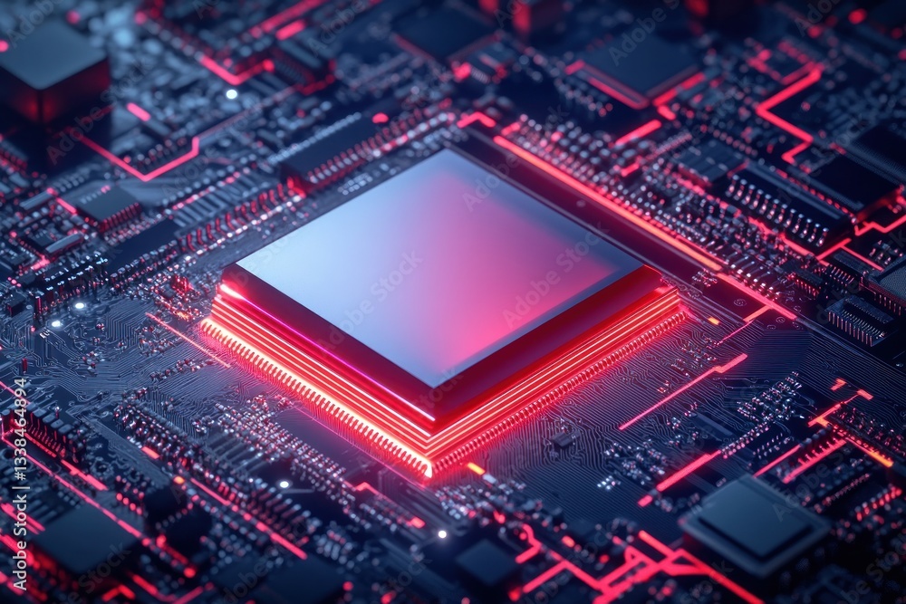 Aufkleber close-up of a glowing microchip on a circuit board with red accents
