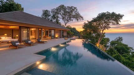A luxurious boxy villa with a stunning infinity pool, contemporary wooden elements, and soft glowing exterior lights.