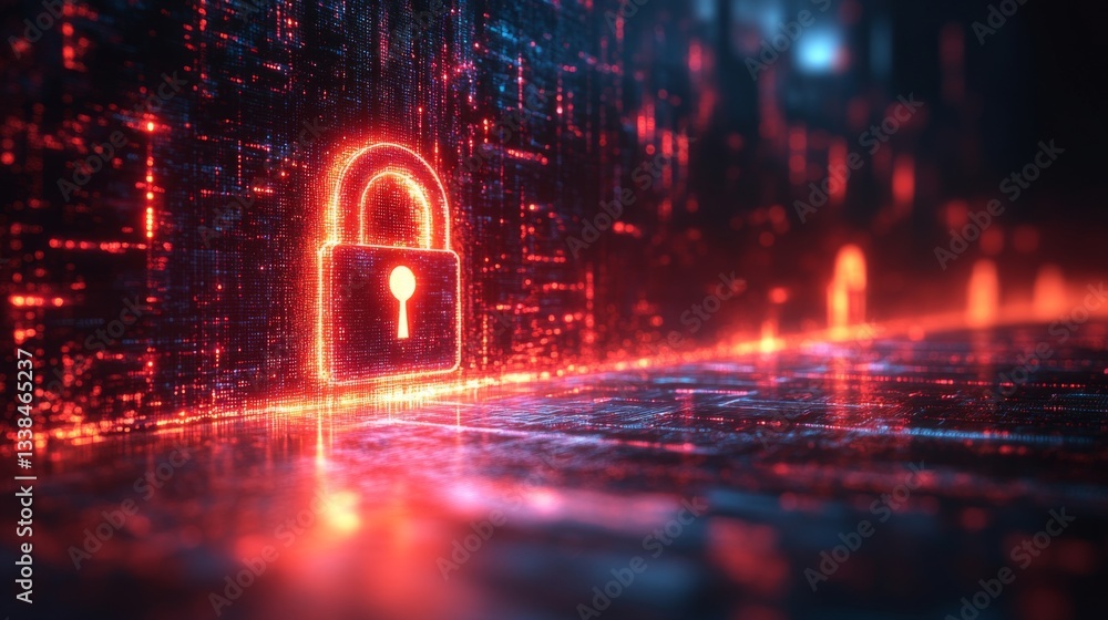 Poster A glowing lock icon stands out in a futuristic digital space filled with data streams, embodying concepts like quantum encryption, security, and eavesdropping protection measures.