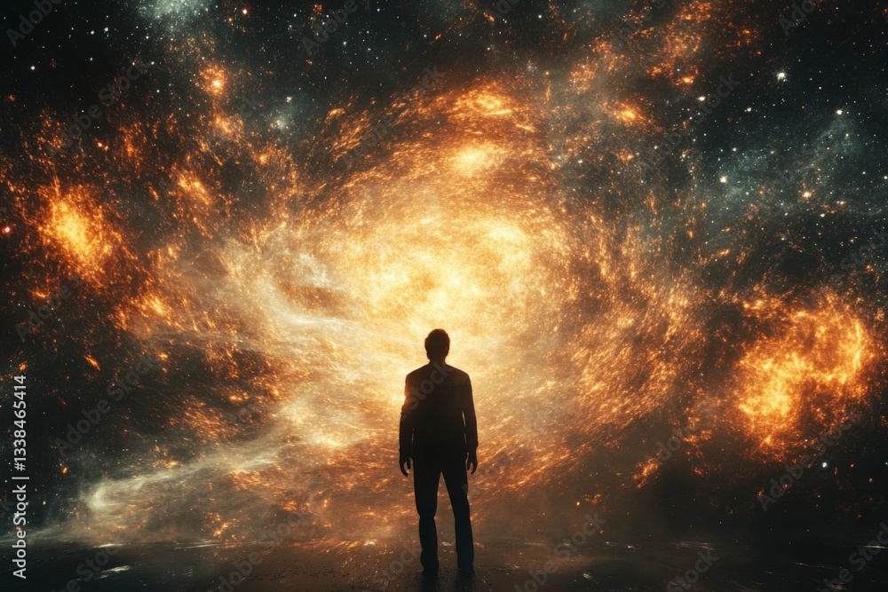 Poster view of a figure contemplating a cosmic explosion in a vast universe at twilight