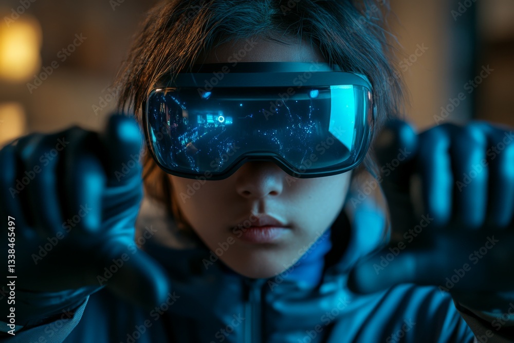 Poster child engages in virtual reality experience with advanced headset in immersive environment during ev