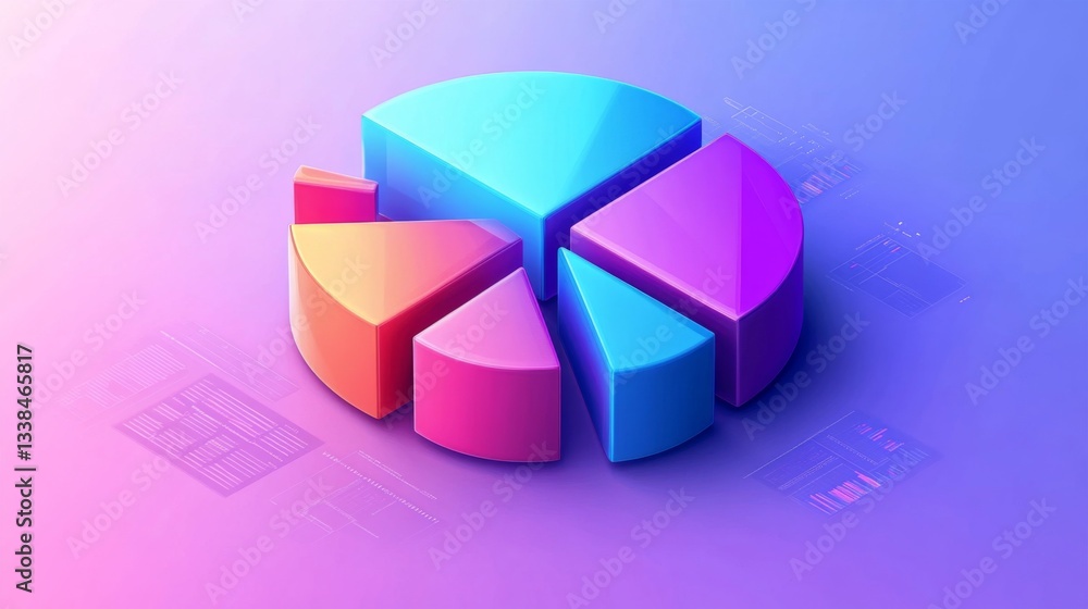 Poster a stunning d pie chart with intricately designed segments, set against a gradient backdrop, emphasiz