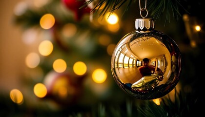 Golden Christmas Ornament Reflecting Festive Lights and a Person