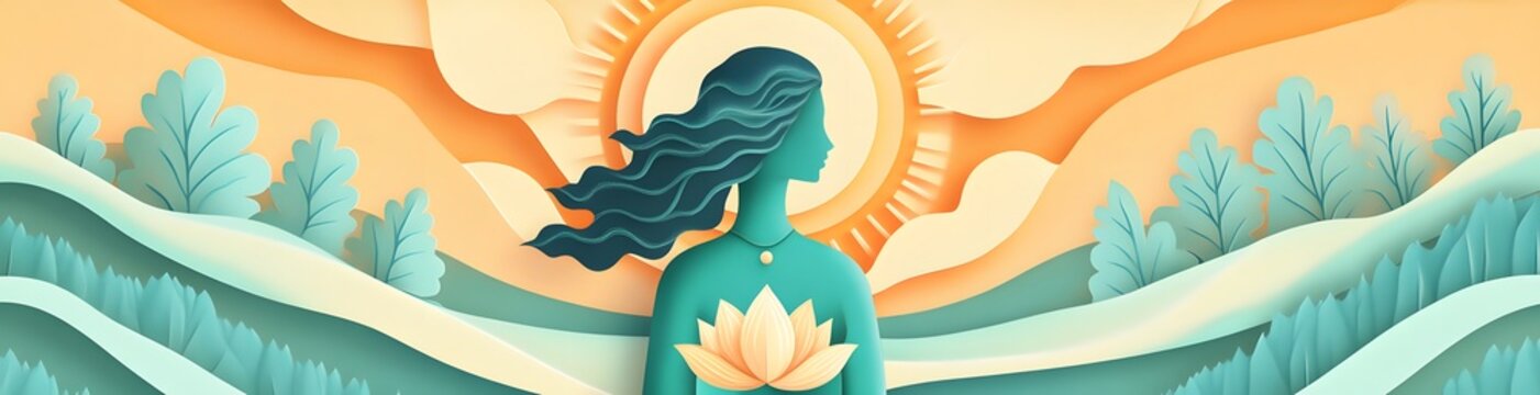 An ethereal papercut-style illustration of Goddess Bhudevi holding a lotus, symbolizing the nurturing power of the Earth, with radiant landscapes behind her