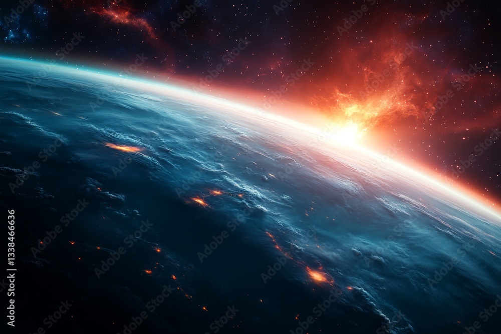 Poster exploration of a distant planet with vibrant colors and cosmic activity against a starry background 