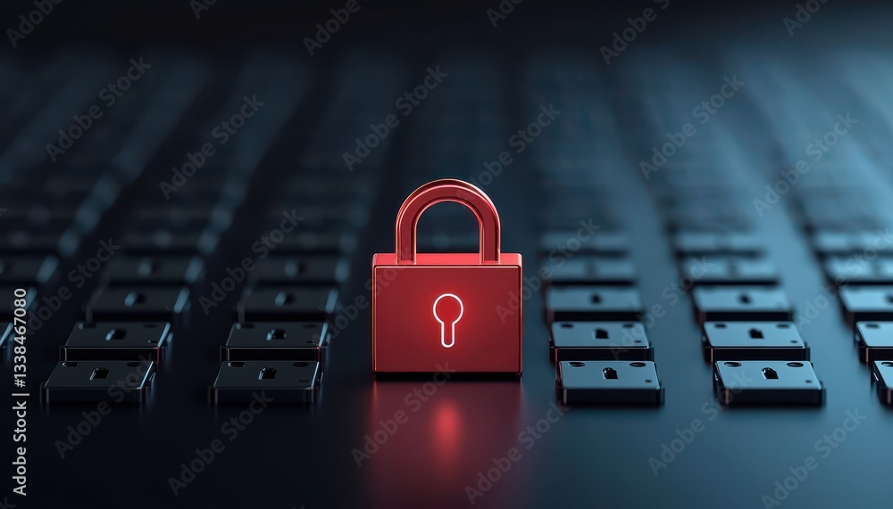 Poster a close-up of a red lock symbol on a dark background with keyboard keys, representing digital securi