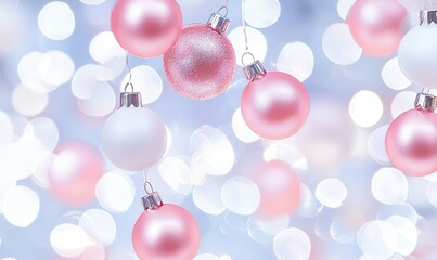 Fototapeta premium Pink and white ornaments hang amidst a backdrop of blurred, glowing white lights, perfect for festive celebrations