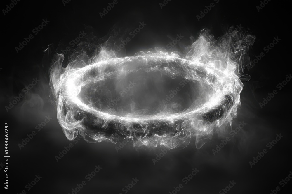 Poster ethereal smoke ring floating in the void a captivating visual of light and shadow in monochrome abst