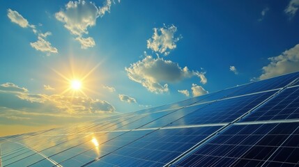 Solar Panel Farm with Bright Sun Overhead