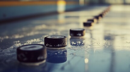 Multiple black hockey pucks lined up along the rink boards on ice surface during winter sports practice or training session under arena lighting




