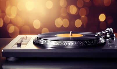 Record player spins a vinyl disc on a sleek turntable, bokeh lights in the background illuminate the scene